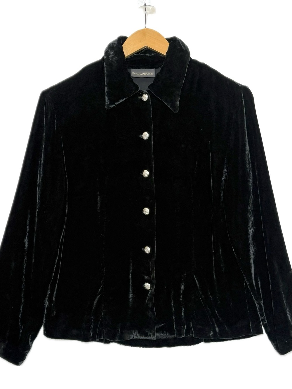 VTG Banana Republic Black Liquid Silk Crushed Velvet Shacket Womens Size M Goth